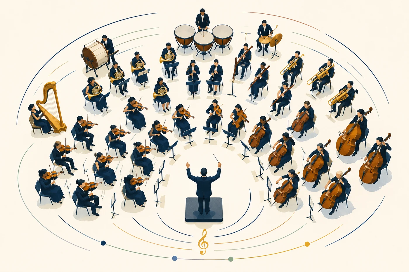 Illustration of an orchestra seen from above, with a conductor at the center coordinating the string, brass, woodwind, and percussion sections.